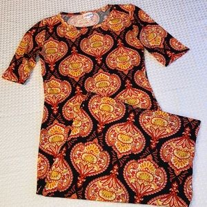 LULAROE Julia Bodycon Midi Dress Size XXS Black Red Damask Short Elbow Sleeve